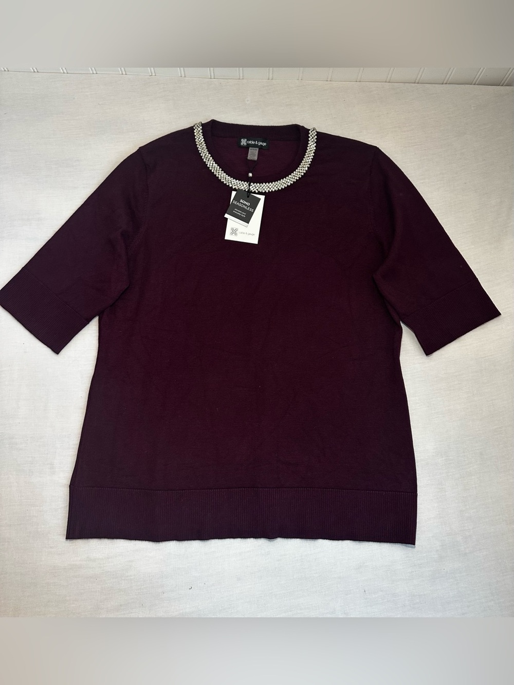 Cable & Gauge Jeweled-Neck Short Sleeve Sweater - Burgundy